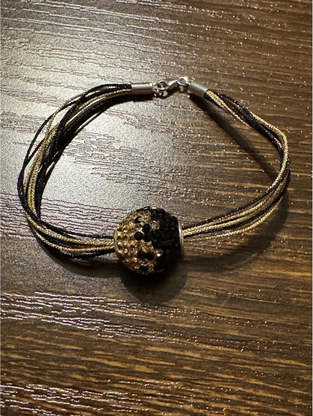 925 Silver Clasp Black Gold Rope Bracelet Pave Crystal Statement Bead Boho